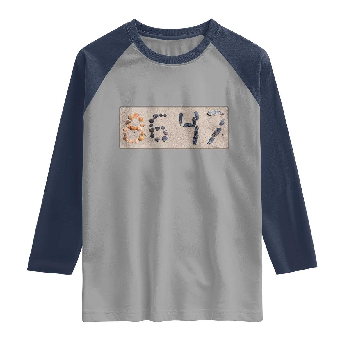 86 47 Seashell Beach Sand Graphic Raglan Shirt Subtle Coastal Summer Political Satire TS02 Sport Gray Navy Print Your Wear