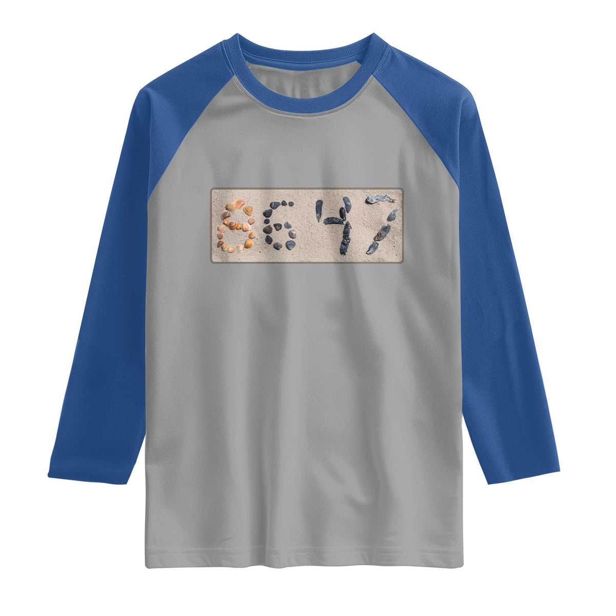 86 47 Seashell Beach Sand Graphic Raglan Shirt Subtle Coastal Summer Political Satire TS02 Sport Gray Royal Print Your Wear