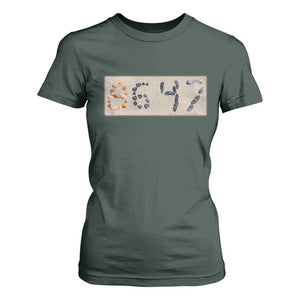 86 47 Seashell Beach Sand Graphic T Shirt For Women Subtle Coastal Summer Political Satire TS02 Dark Forest Green Print Your Wear