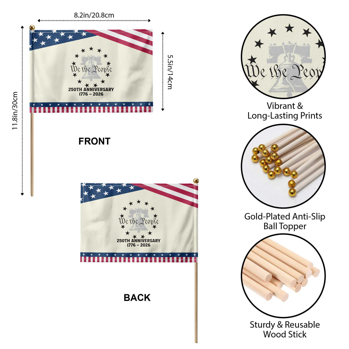 We The People 250th Anniversary Liberty Bell Patriotic Handheld Flag USA 1776 to 2026 America Semiquincentennial Celebration