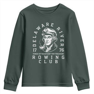 Delaware River Rowing Club 1776 Vintage Funny Patriotic Youth Sweatshirt George Washington Tired of Taxation Try Treason TS02 Dark Forest Green Print Your Wear