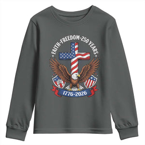 Faith Freedom 250 Years Patriotic Eagle Youth Sweatshirt USA Flag Christian Cross 1776 to 2026 Semiquincentennial TS02 Dark Heather Print Your Wear