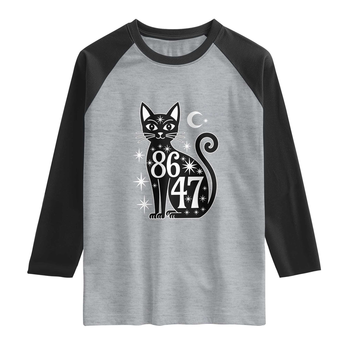 86 47 Celestial Black Cat Mystic Raglan Shirt Moon Stars Coded Political Satire TS02 Heather Gray Black Print Your Wear