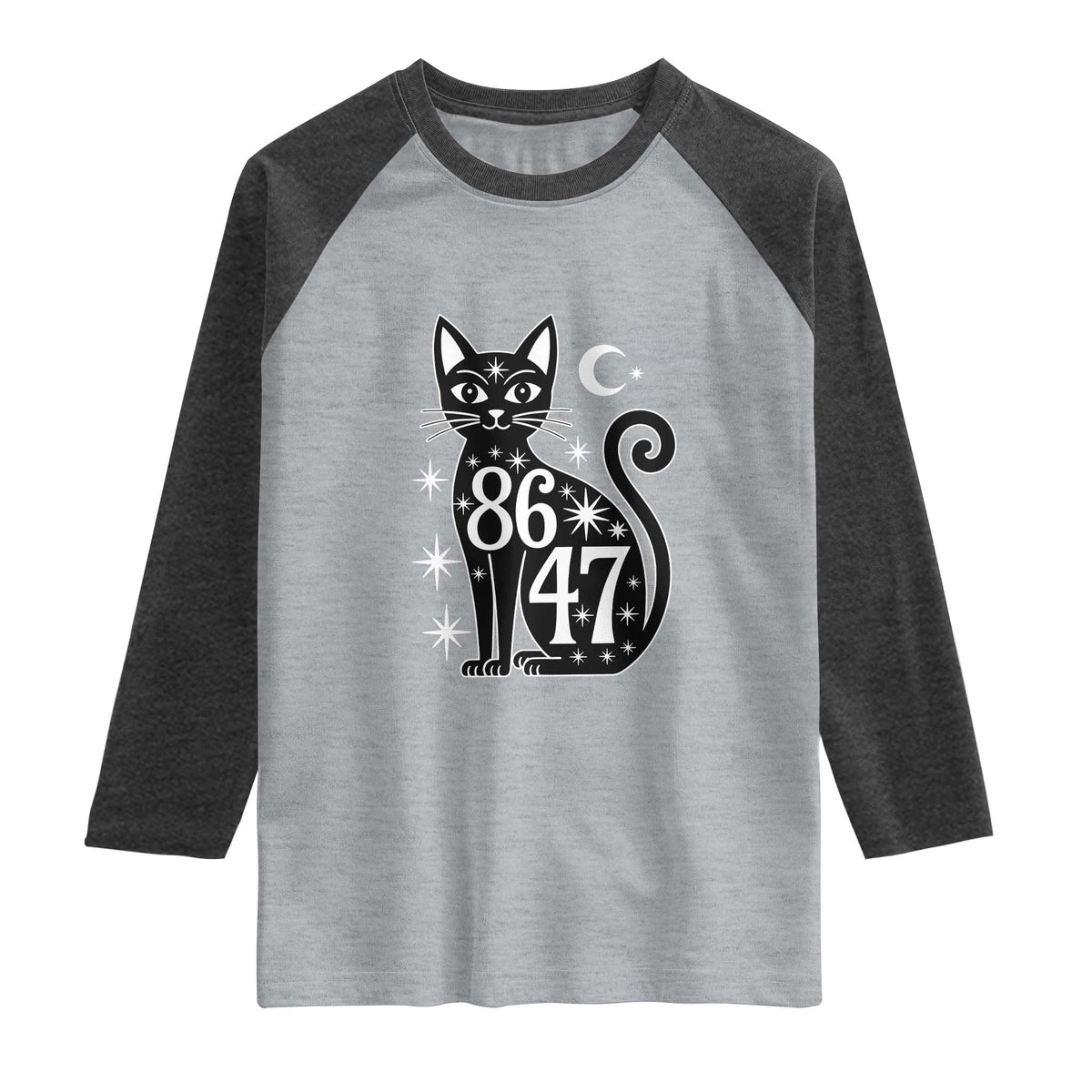 86 47 Celestial Black Cat Mystic Raglan Shirt Moon Stars Coded Political Satire TS02 Heather Gray Heather Charcoal Print Your Wear
