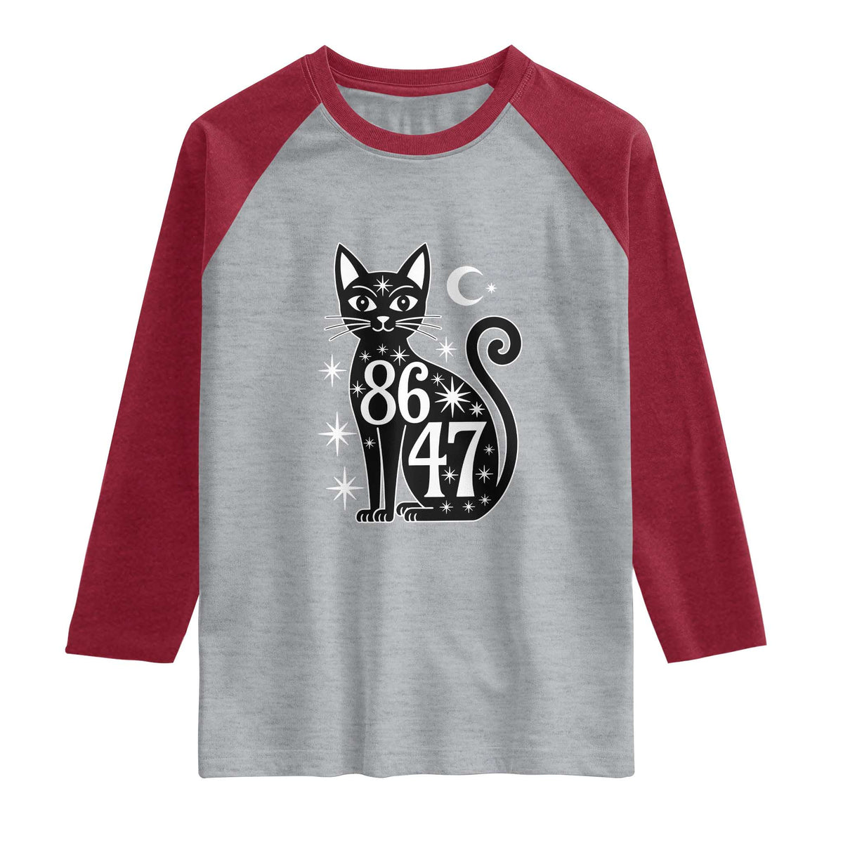86 47 Celestial Black Cat Mystic Raglan Shirt Moon Stars Coded Political Satire TS02 Heather Gray Heather Red Print Your Wear