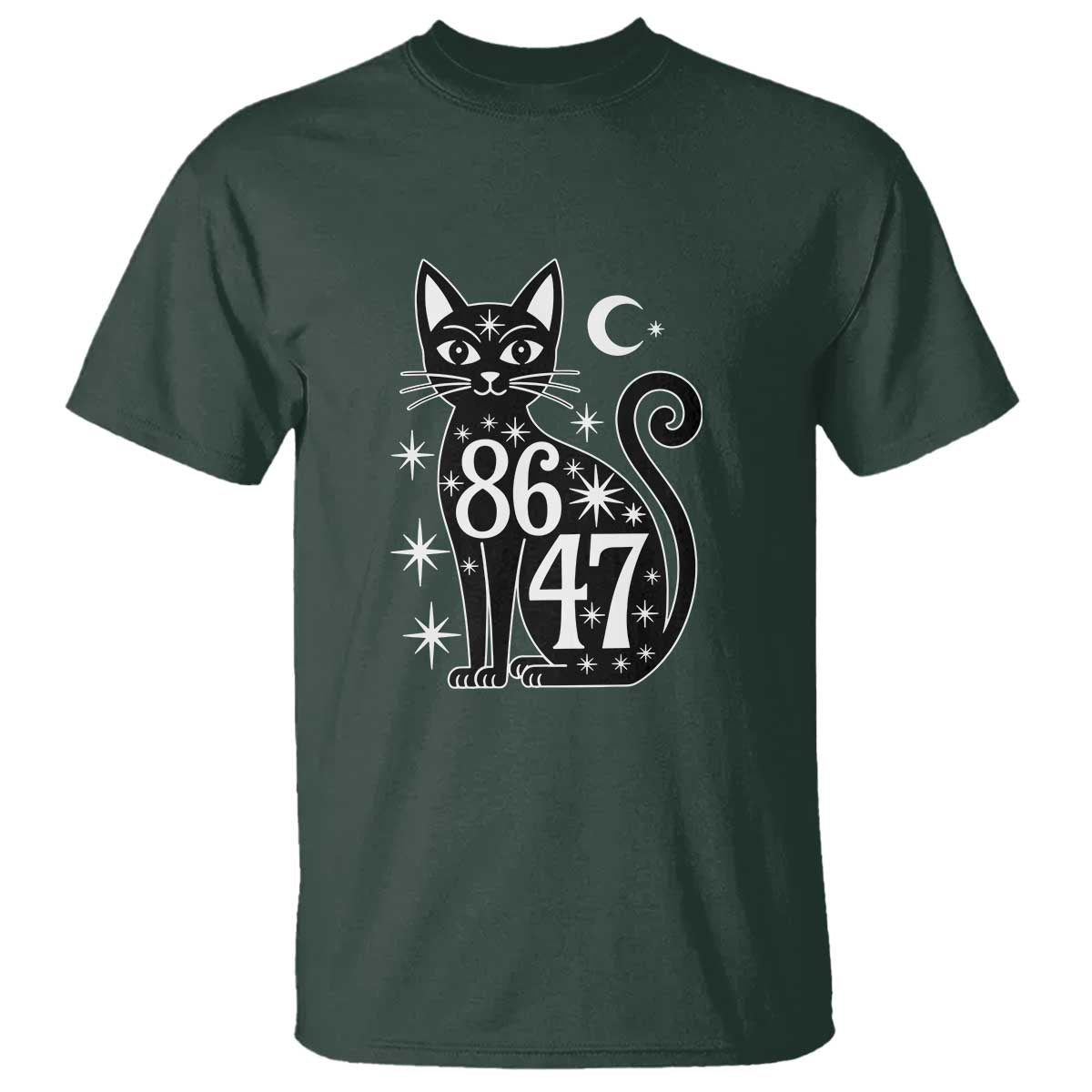 86 47 Celestial Black Cat Mystic T Shirt Moon Stars Coded Political Satire TS02 Dark Forest Green Print Your Wear