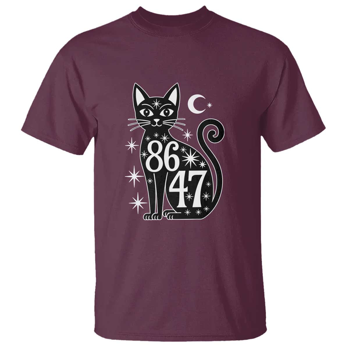 86 47 Celestial Black Cat Mystic T Shirt Moon Stars Coded Political Satire TS02 Maroon Print Your Wear