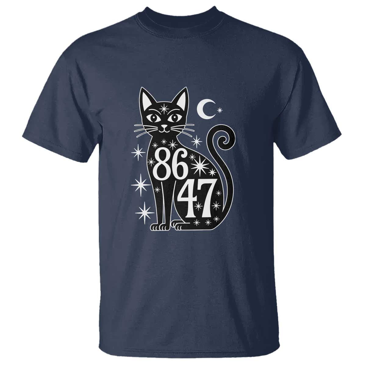 86 47 Celestial Black Cat Mystic T Shirt Moon Stars Coded Political Satire TS02 Navy Print Your Wear