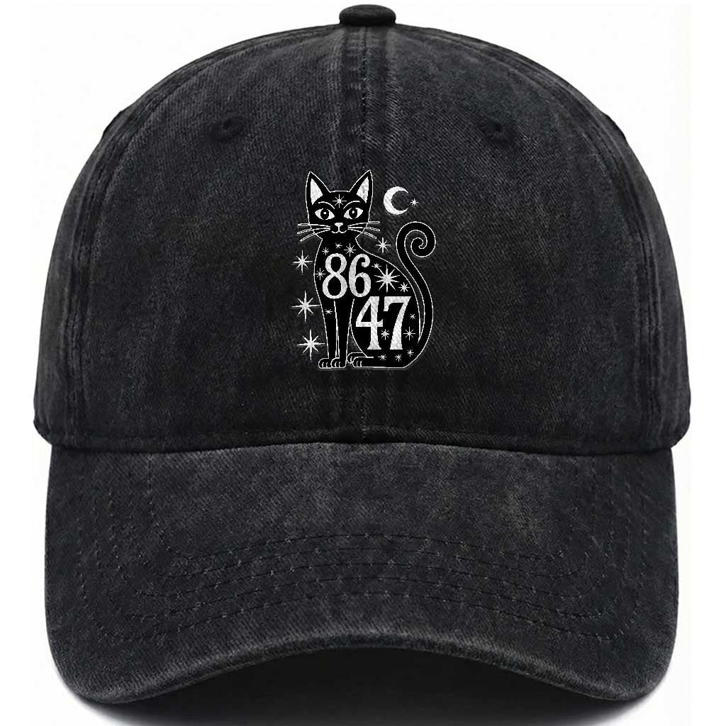 86 47 Celestial Black Cat Mystic Washed Cotton Baseball Cap Moon Stars Coded Political Satire TS02 Print Your Wear