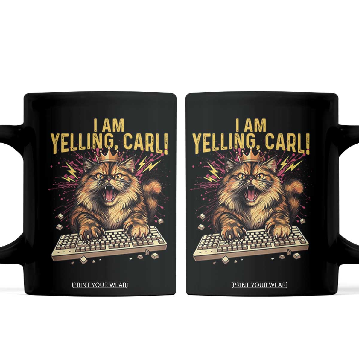 I Am Yelling Carl Graphic Coffee Mug Funny Angry Cat Typing Keyboard Comic Retro