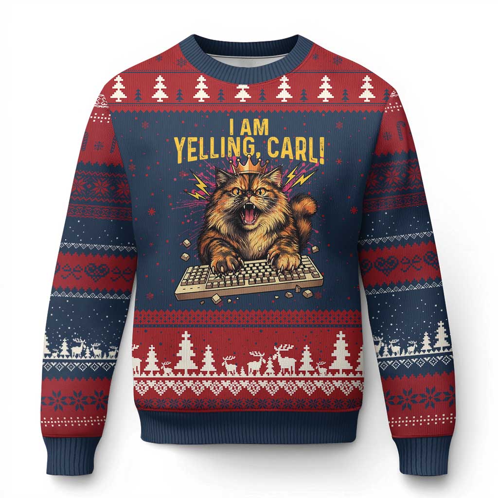 I Am Yelling Carl Graphic Ugly Christmas Sweater Funny Angry Cat Typing Keyboard Comic Retro TS02 Navy Red Print Your Wear