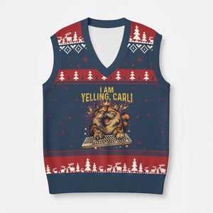 I Am Yelling Carl Graphic V-Neck Knit Sweater Vest Funny Angry Cat Typing Keyboard Comic Retro TS02 Navy Red Print Your Wear