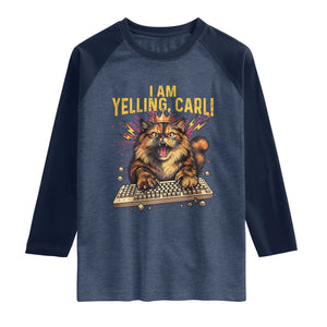 I Am Yelling Carl Graphic Raglan Shirt Funny Angry Cat Typing Keyboard Comic Retro TS02 Heather Denim Navy Print Your Wear
