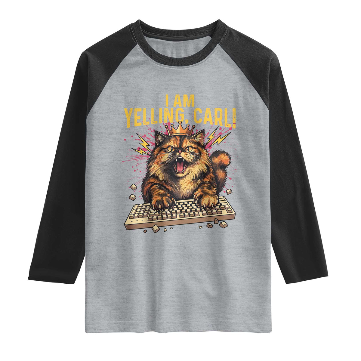 I Am Yelling Carl Graphic Raglan Shirt Funny Angry Cat Typing Keyboard Comic Retro TS02 Heather Gray Black Print Your Wear