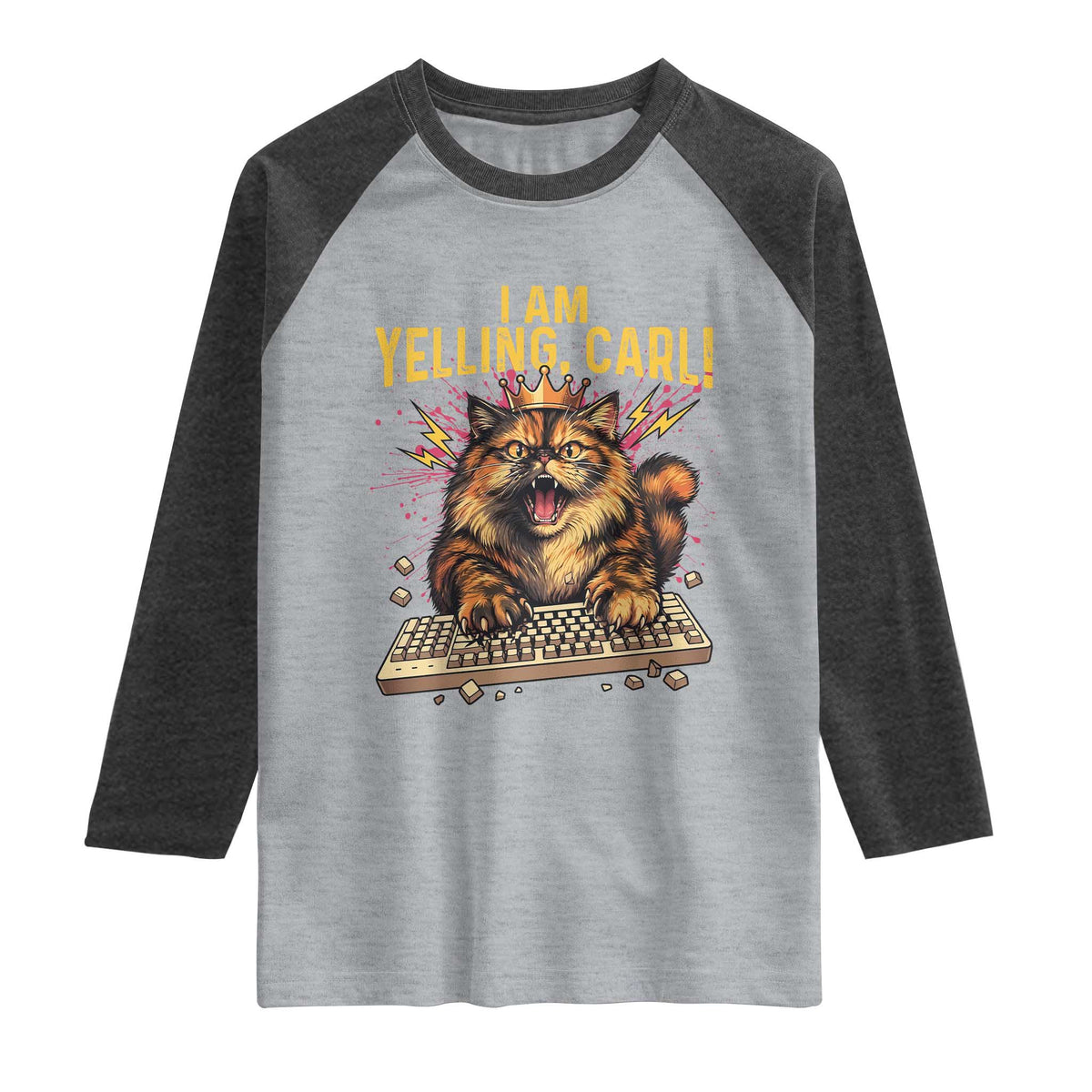 I Am Yelling Carl Graphic Raglan Shirt Funny Angry Cat Typing Keyboard Comic Retro TS02 Heather Gray Heather Charcoal Print Your Wear