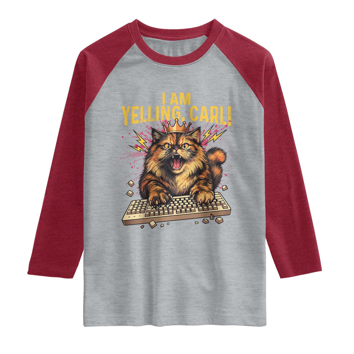 I Am Yelling Carl Graphic Raglan Shirt Funny Angry Cat Typing Keyboard Comic Retro TS02 Heather Gray Heather Red Print Your Wear
