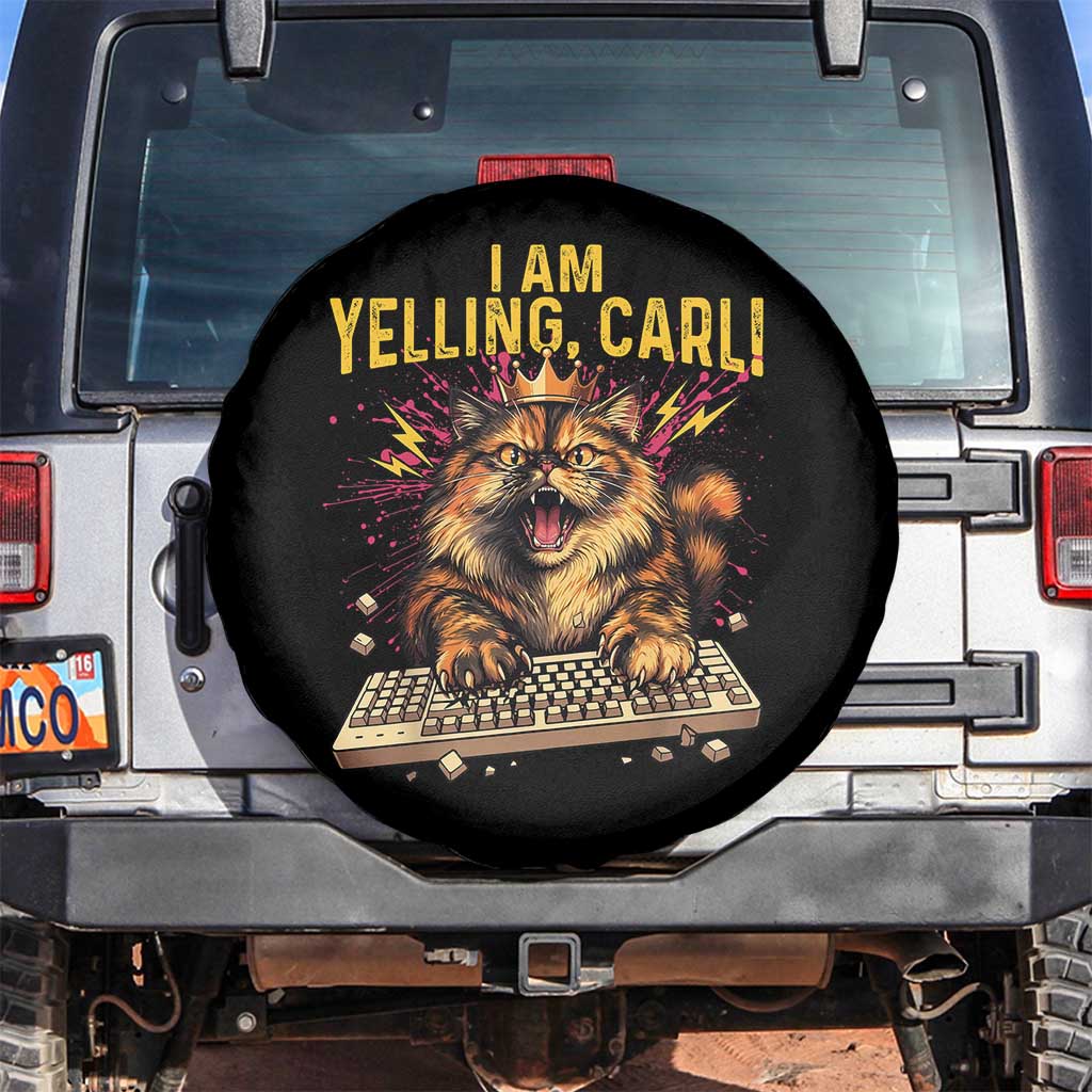 I Am Yelling Carl Graphic Spare Tire Cover Funny Angry Cat Typing Keyboard Comic Retro TS02 No hole Black Print Your Wear