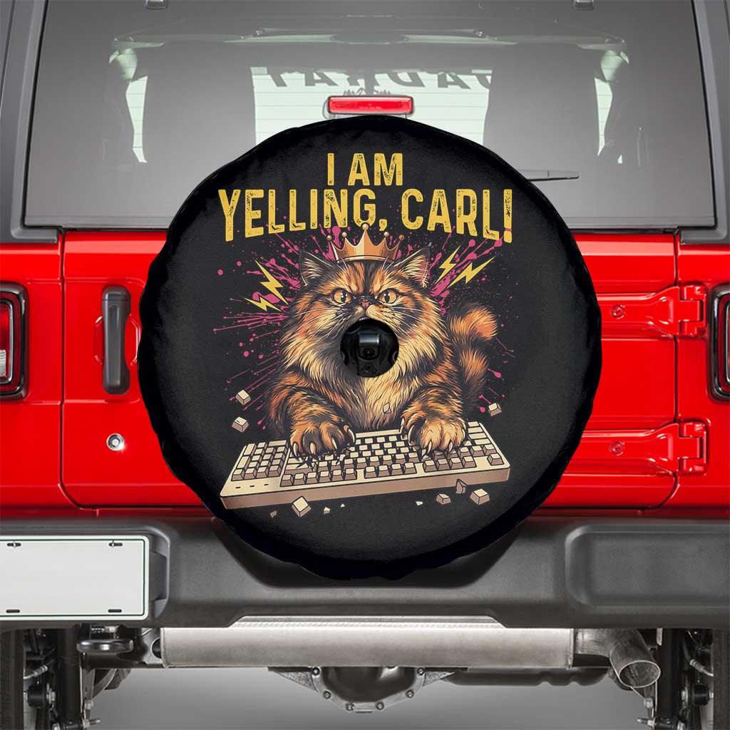 I Am Yelling Carl Graphic Spare Tire Cover Funny Angry Cat Typing Keyboard Comic Retro TS02 Black Print Your Wear