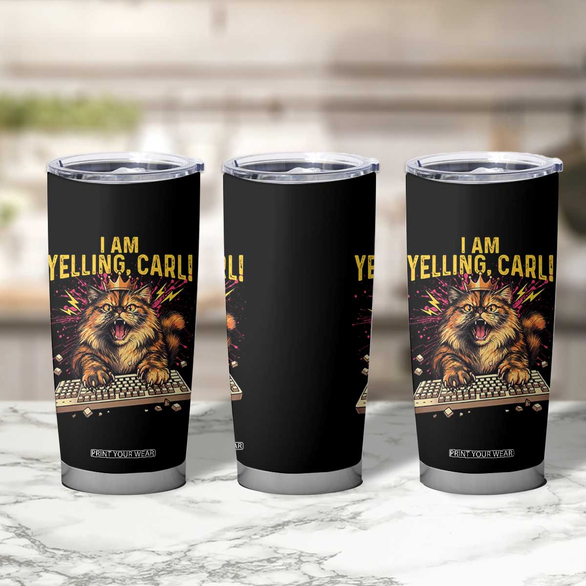I Am Yelling Carl Graphic Tumbler Cup Funny Angry Cat Typing Keyboard Comic Retro TS02 Print Your Wear