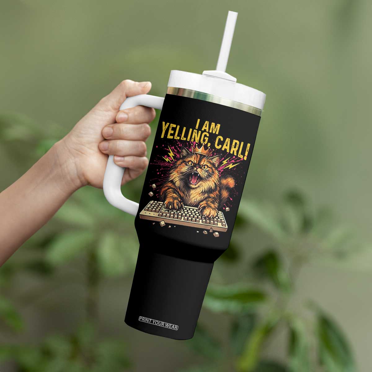I Am Yelling Carl Graphic Tumbler With Handle Funny Angry Cat Typing Keyboard Comic Retro TS02 Print Your Wear