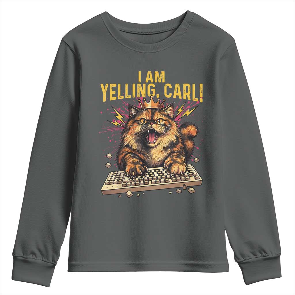 I Am Yelling Carl Graphic Youth Sweatshirt Funny Angry Cat Typing Keyboard Comic Retro TS02 Dark Heather Print Your Wear