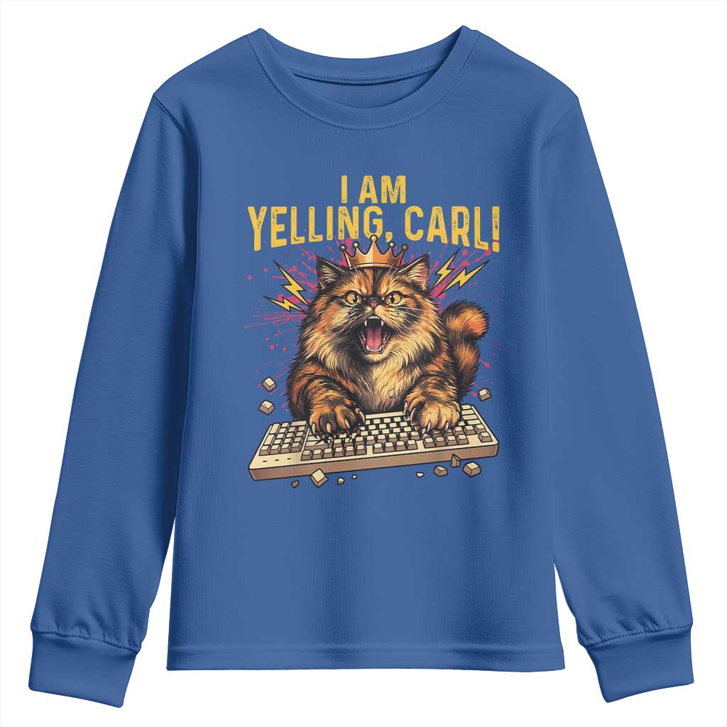I Am Yelling Carl Graphic Youth Sweatshirt Funny Angry Cat Typing Keyboard Comic Retro TS02 Royal Blue Print Your Wear
