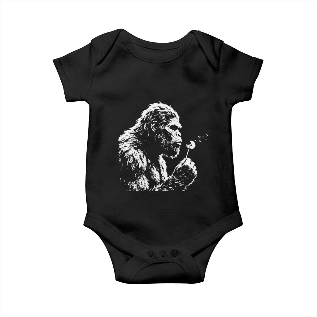 Bigfoot Blowing Dandelion Flower Graphic Baby Onesie Whimsical Sasquatch Profile Artistic Vintage Distressed TS02 Black Print Your Wear