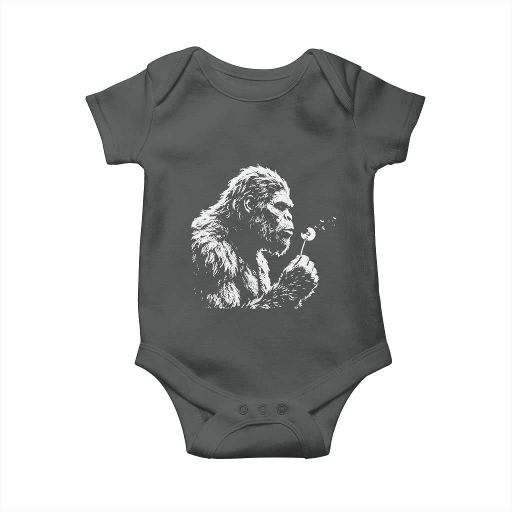 Bigfoot Blowing Dandelion Flower Graphic Baby Onesie Whimsical Sasquatch Profile Artistic Vintage Distressed TS02 Dark Heather Print Your Wear