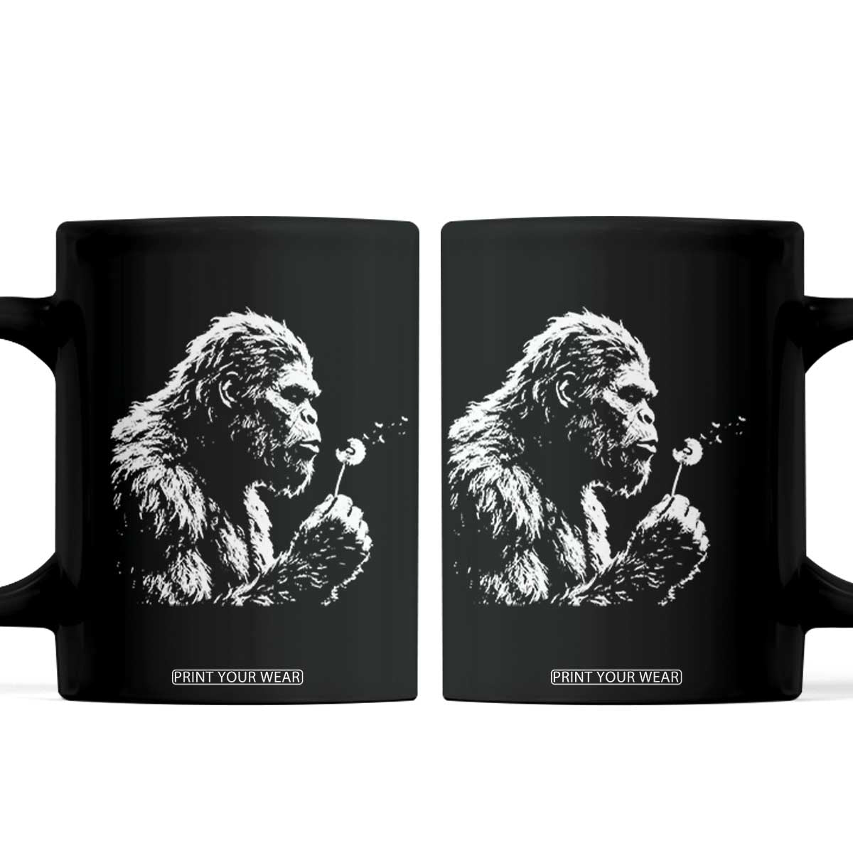 Bigfoot Blowing Dandelion Flower Graphic Coffee Mug Whimsical Sasquatch Profile Artistic Vintage Distressed