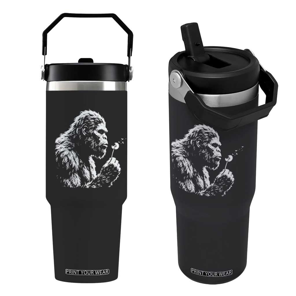 Bigfoot Blowing Dandelion Flower Graphic Flip Straw Tumbler Whimsical Sasquatch Profile Artistic Vintage Distressed TS02 One Size: 30 oz Black Print Your Wear