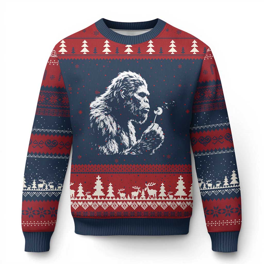 Bigfoot Blowing Dandelion Flower Graphic Ugly Christmas Sweater Whimsical Sasquatch Profile Artistic Vintage Distressed TS02 Navy Red Print Your Wear