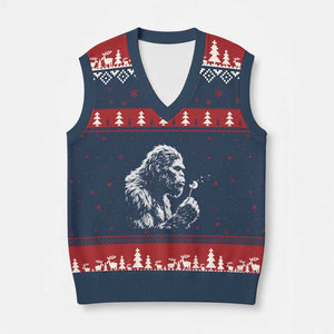 Bigfoot Blowing Dandelion Flower Graphic V-Neck Knit Sweater Vest Whimsical Sasquatch Profile Artistic Vintage Distressed TS02 Navy Red Print Your Wear