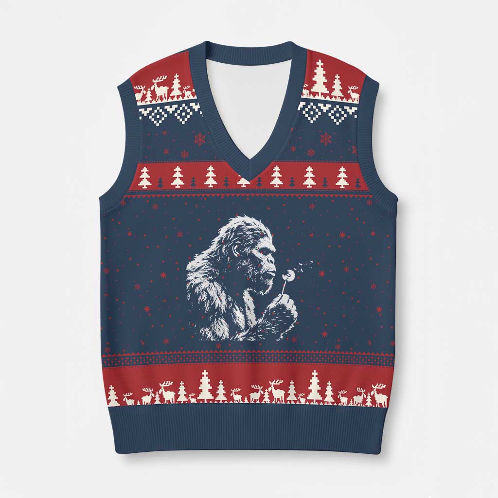 Bigfoot Blowing Dandelion Flower Graphic V-Neck Knit Sweater Vest Whimsical Sasquatch Profile Artistic Vintage Distressed TS02 Navy Red Print Your Wear