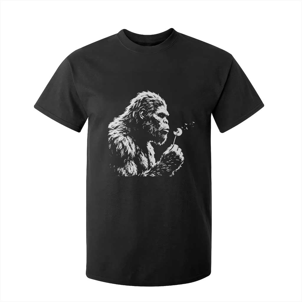 Bigfoot Blowing Dandelion Flower Graphic T Shirt For Kid Whimsical Sasquatch Profile Artistic Vintage Distressed TS02 Black Print Your Wear