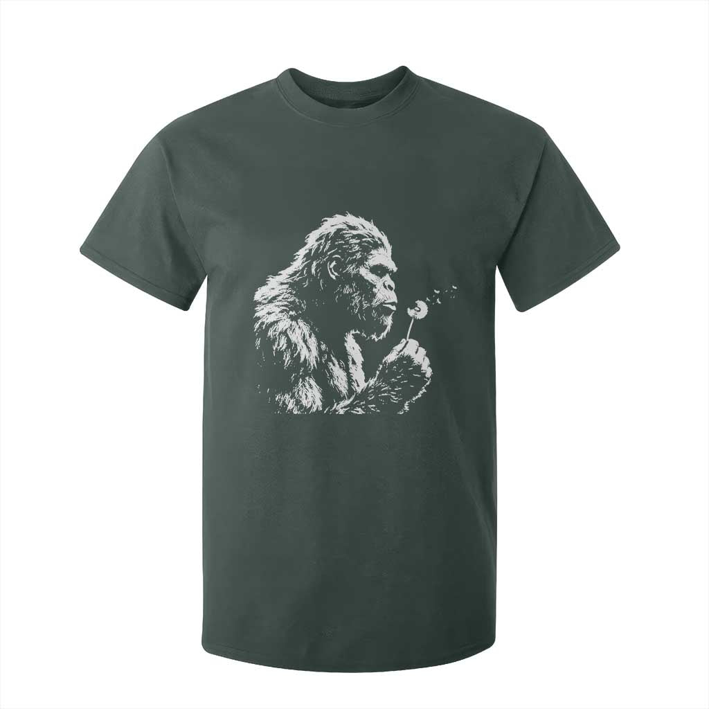 Bigfoot Blowing Dandelion Flower Graphic T Shirt For Kid Whimsical Sasquatch Profile Artistic Vintage Distressed TS02 Dark Forest Green Print Your Wear