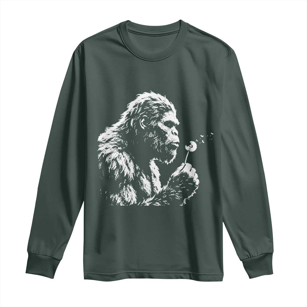 Bigfoot Blowing Dandelion Flower Graphic Long Sleeve Shirt Whimsical Sasquatch Profile Artistic Vintage Distressed TS02 Dark Forest Green Print Your Wear
