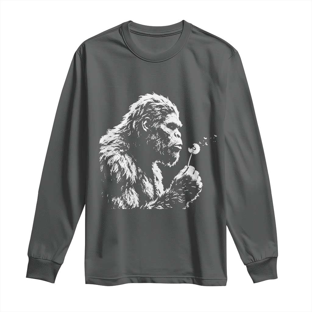 Bigfoot Blowing Dandelion Flower Graphic Long Sleeve Shirt Whimsical Sasquatch Profile Artistic Vintage Distressed TS02 Dark Heather Print Your Wear
