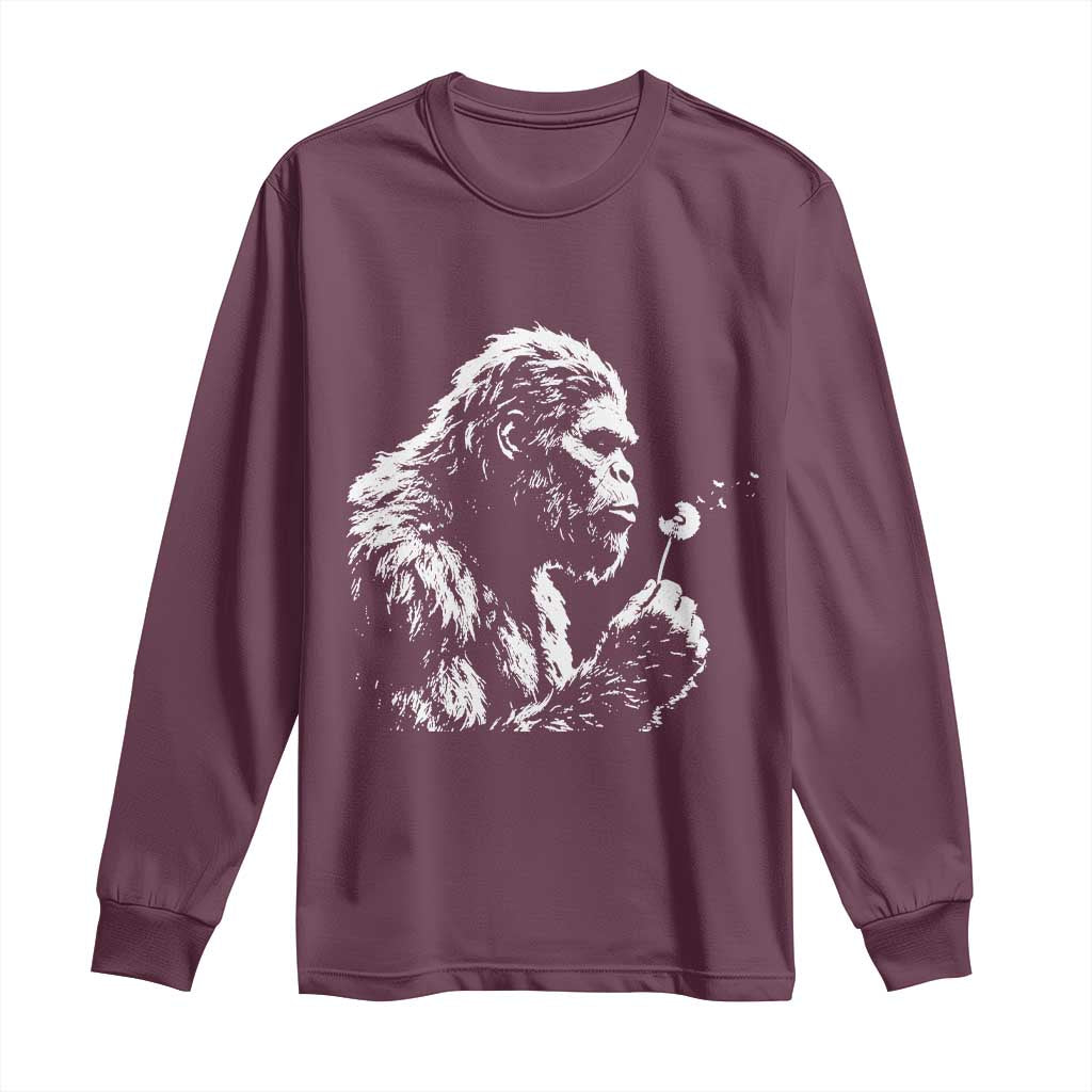Bigfoot Blowing Dandelion Flower Graphic Long Sleeve Shirt Whimsical Sasquatch Profile Artistic Vintage Distressed TS02 Maroon Print Your Wear