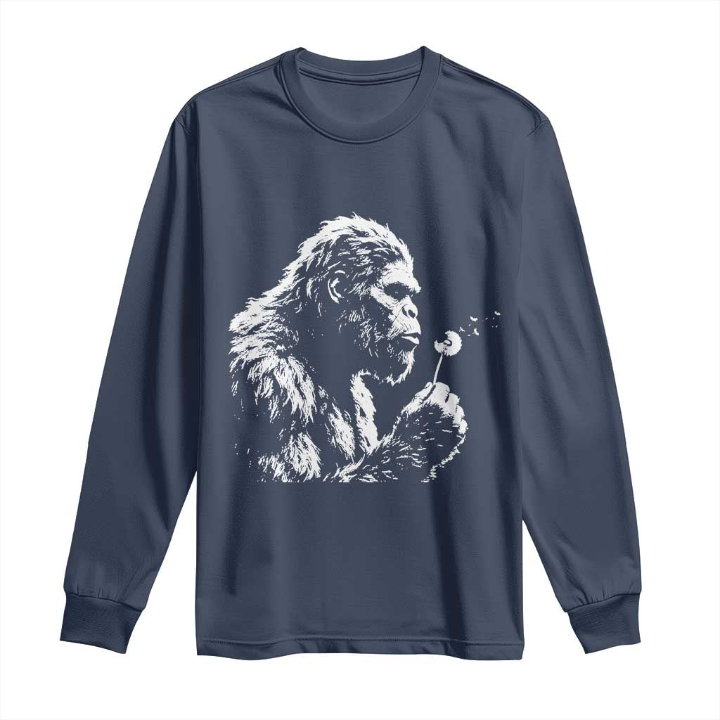 Bigfoot Blowing Dandelion Flower Graphic Long Sleeve Shirt Whimsical Sasquatch Profile Artistic Vintage Distressed TS02 Navy Print Your Wear