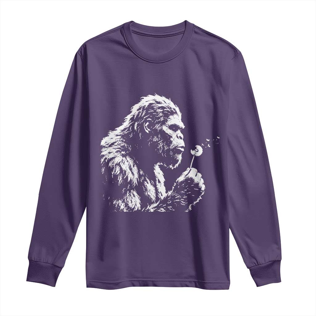 Bigfoot Blowing Dandelion Flower Graphic Long Sleeve Shirt Whimsical Sasquatch Profile Artistic Vintage Distressed TS02 Purple Print Your Wear