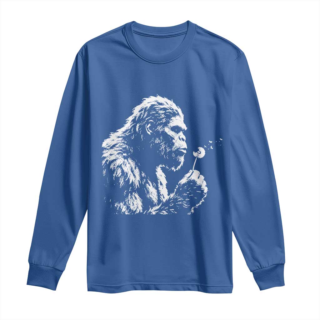 Bigfoot Blowing Dandelion Flower Graphic Long Sleeve Shirt Whimsical Sasquatch Profile Artistic Vintage Distressed TS02 Royal Blue Print Your Wear
