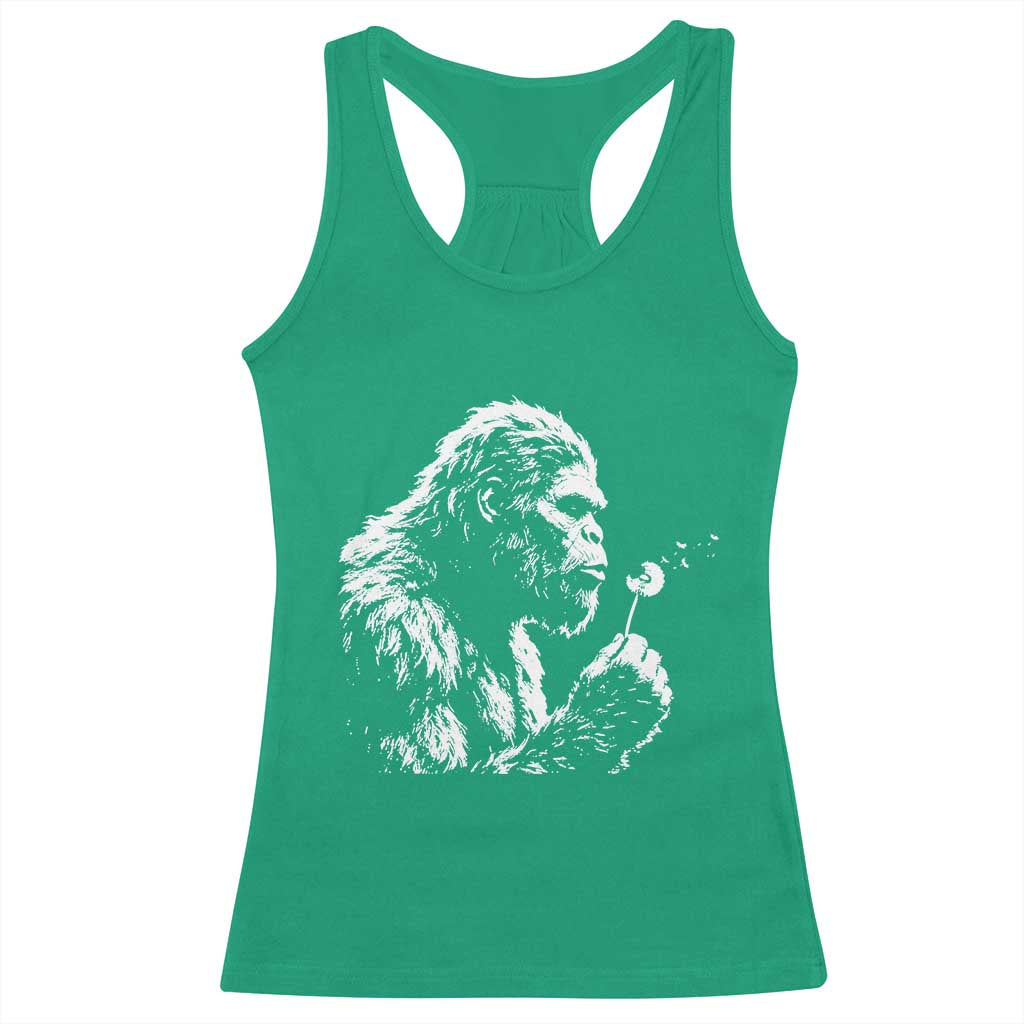 Bigfoot Blowing Dandelion Flower Graphic Racerback Tank Top Whimsical Sasquatch Profile Artistic Vintage Distressed TS02 Irish Green Print Your Wear