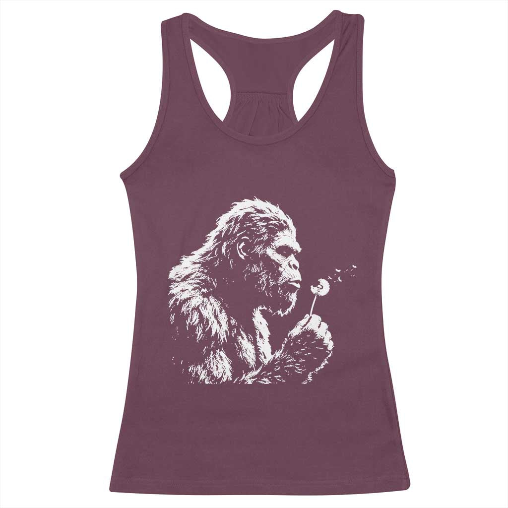 Bigfoot Blowing Dandelion Flower Graphic Racerback Tank Top Whimsical Sasquatch Profile Artistic Vintage Distressed TS02 Maroon Print Your Wear