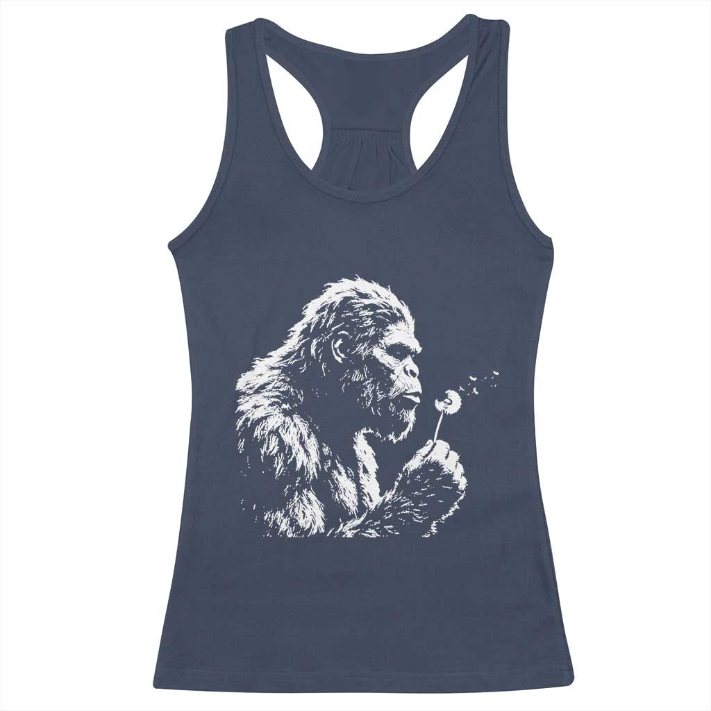 Bigfoot Blowing Dandelion Flower Graphic Racerback Tank Top Whimsical Sasquatch Profile Artistic Vintage Distressed TS02 Navy Print Your Wear