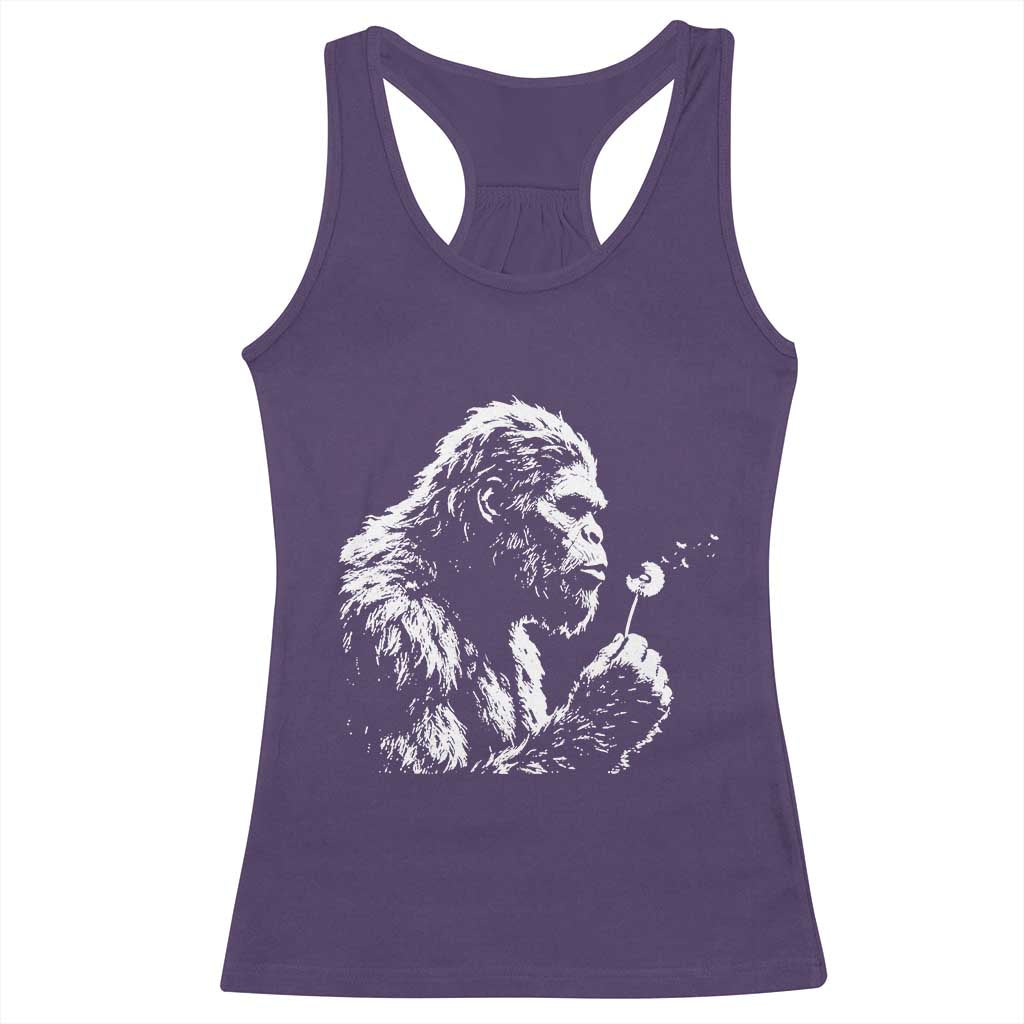 Bigfoot Blowing Dandelion Flower Graphic Racerback Tank Top Whimsical Sasquatch Profile Artistic Vintage Distressed TS02 Purple Print Your Wear