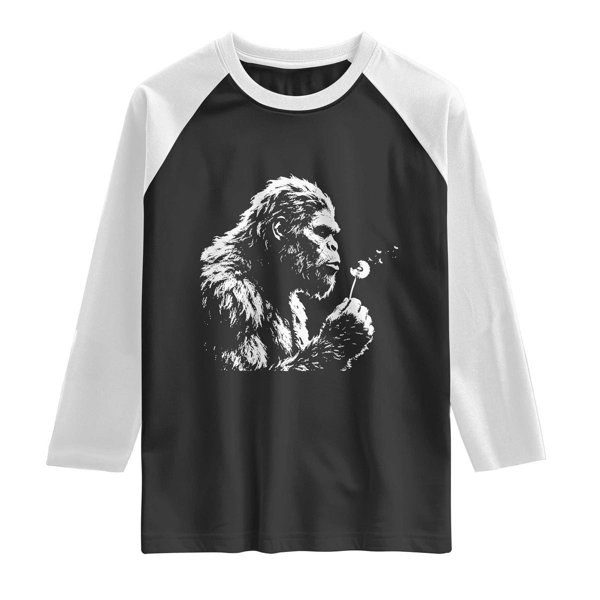 Bigfoot Blowing Dandelion Flower Graphic Raglan Shirt Whimsical Sasquatch Profile Artistic Vintage Distressed TS02 Black White Print Your Wear