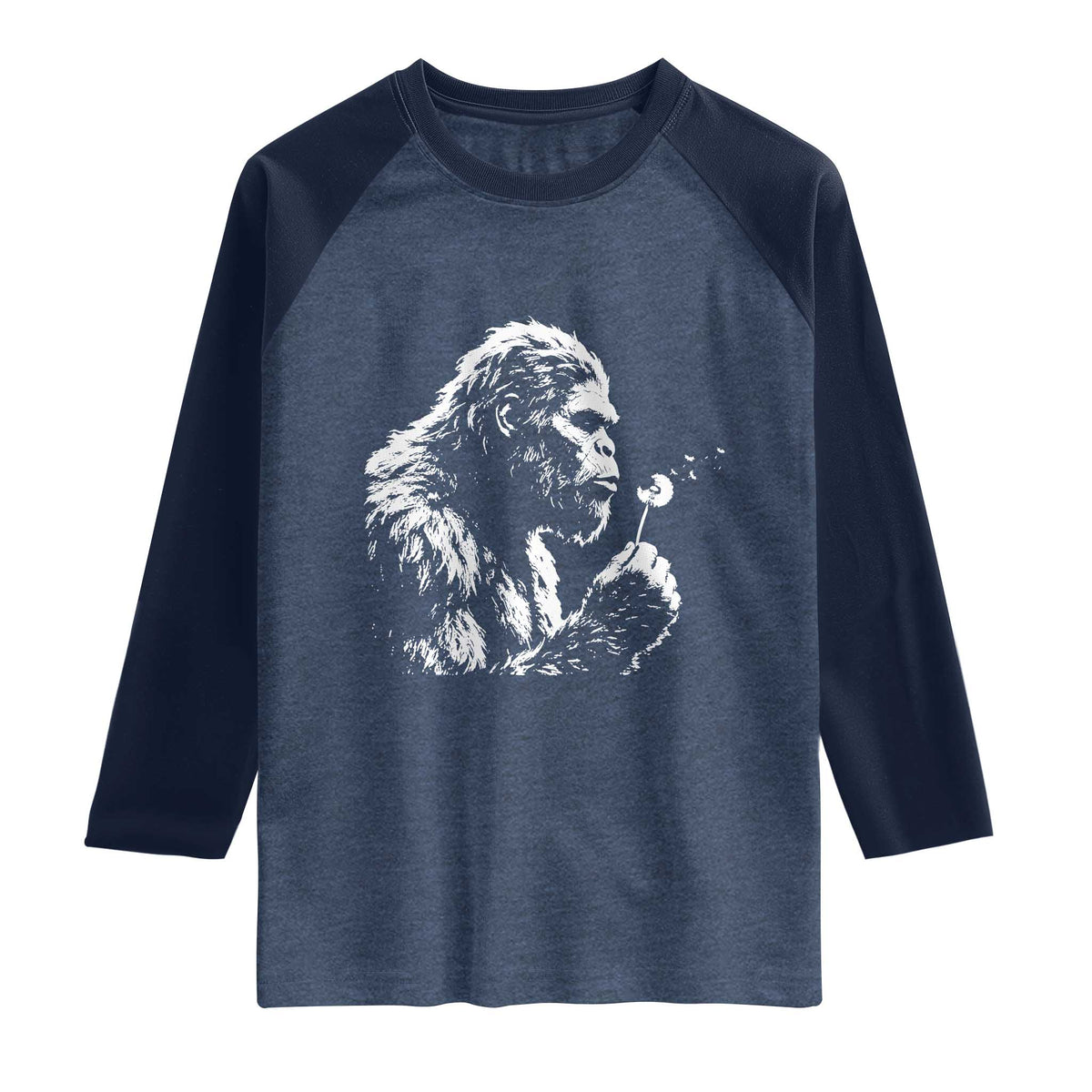 Bigfoot Blowing Dandelion Flower Graphic Raglan Shirt Whimsical Sasquatch Profile Artistic Vintage Distressed TS02 Heather Denim Navy Print Your Wear