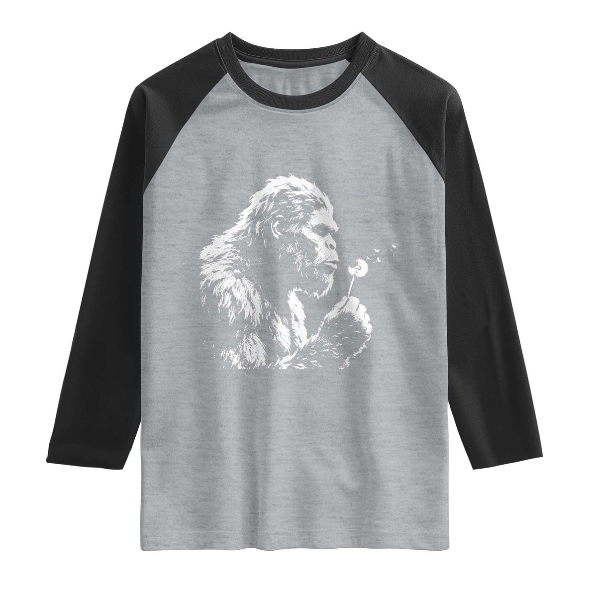 Bigfoot Blowing Dandelion Flower Graphic Raglan Shirt Whimsical Sasquatch Profile Artistic Vintage Distressed TS02 Heather Gray Black Print Your Wear