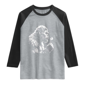 Bigfoot Blowing Dandelion Flower Graphic Raglan Shirt Whimsical Sasquatch Profile Artistic Vintage Distressed TS02 Heather Gray Black Print Your Wear