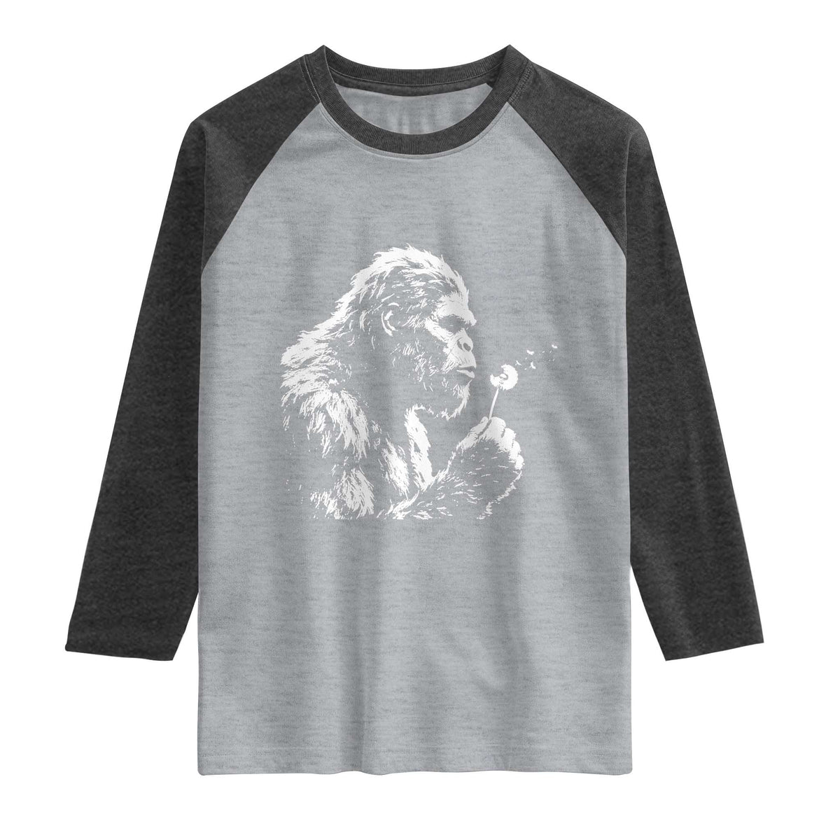 Bigfoot Blowing Dandelion Flower Graphic Raglan Shirt Whimsical Sasquatch Profile Artistic Vintage Distressed TS02 Heather Gray Heather Charcoal Print Your Wear